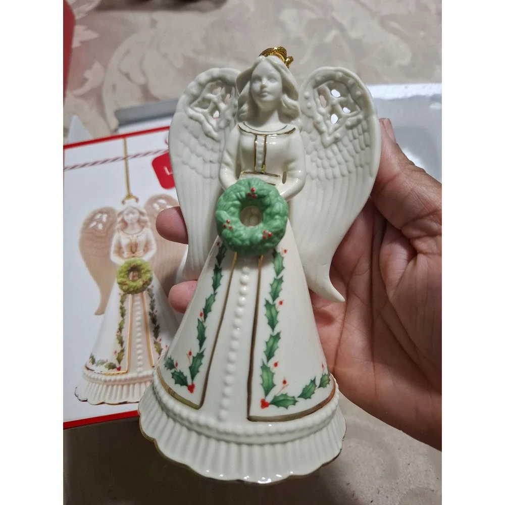 Lenox Holiday Angel Bell Ornament 6in Ivory Porcelain Holly Wreath 879206
